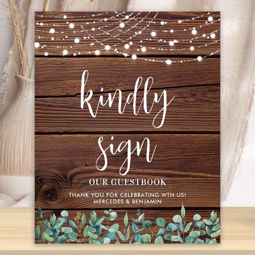 Wedding Guest Rustic Wood Greenery String Lights  Poster