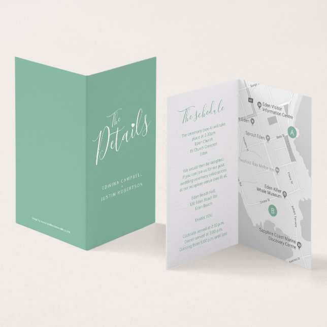 Wedding guest schedule map green enclosure cards (Inside and Outside)