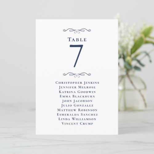 Wedding Guest Seating List Table Number Blue Card