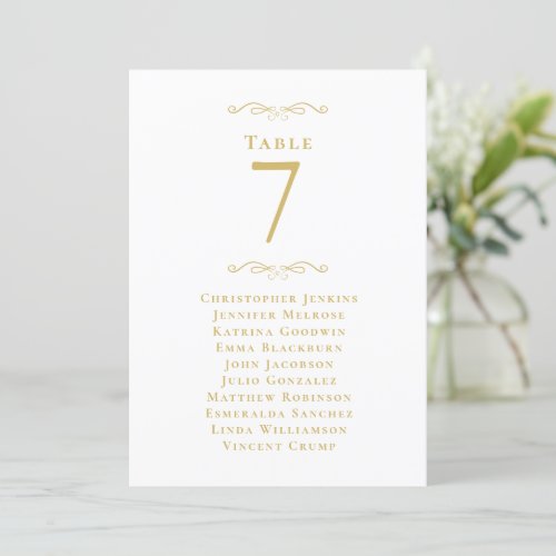 Wedding Guest Seating List Table Number Gold White