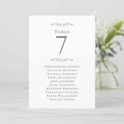 Wedding Guest Seating List Table Number Gray Card