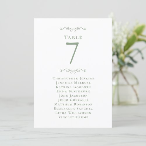 Wedding Guest Seating List Table Number Sage Green
