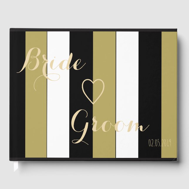 Wedding Guestbook Black Gold White Stripes Pattern (Front)