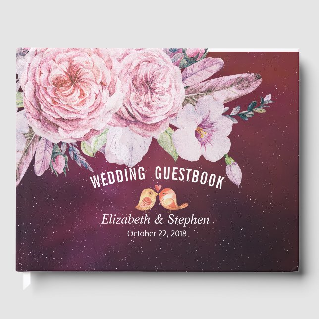 Wedding Guestbook Boho Floral Feather Burgundy Red (Front)