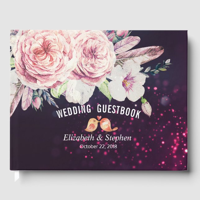 Wedding Guestbook Boho Floral Feather Purple Light (Front)