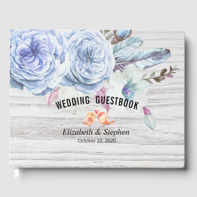 Wedding Guestbook Boho Floral Feathers Rustic Wood (Front)