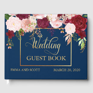 Wedding Guestbook Burgundy Navy Gold Flower