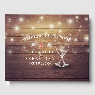 Wedding Guestbook Champagne Glasses Wood Lights