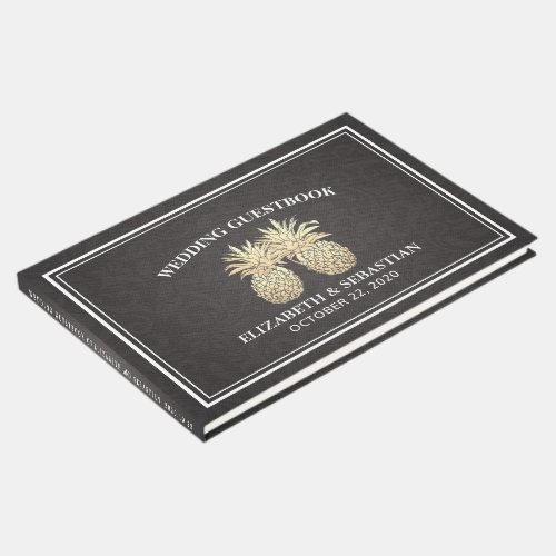 Wedding Guestbook Chic Black Gold Pineapple Couple