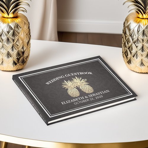 Wedding Guestbook Chic Black Gold Pineapple Couple