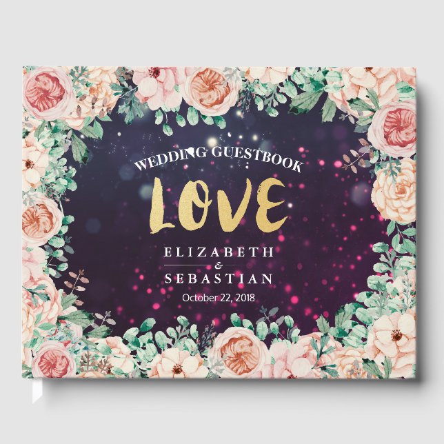 Wedding Guestbook Chic Floral Purple Sparkle Light (Front)
