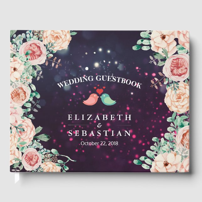 Wedding Guestbook Chic Floral Purple Sparkle Light (Front)