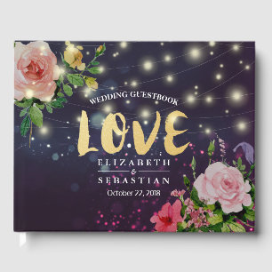 Wedding Guestbook Chic Floral Purple Sparkle Light