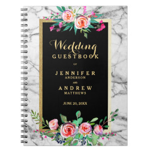 Wedding Guestbook Chic Gold Marble Pink Floral Notebook