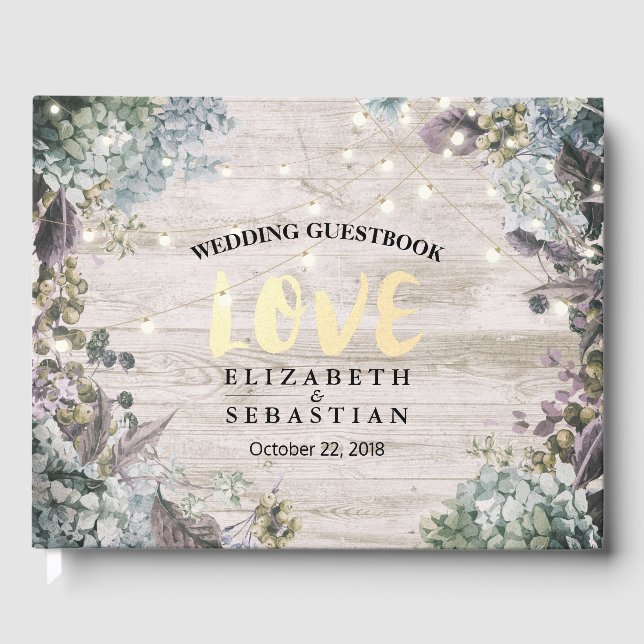 Wedding Guestbook Floral String Lights Rustic Wood (Front)