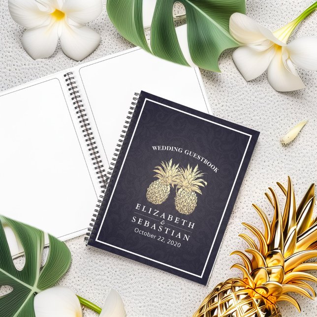 Wedding Guestbook Gold Pineapple Couple Navy Blue Notebook (Creator Uploaded)