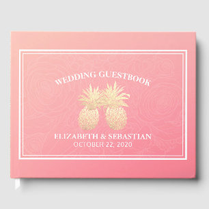 Wedding Guestbook Gold Pineapple Couple Pink Roses