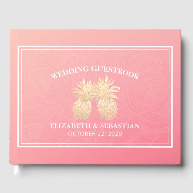 Wedding Guestbook Gold Pineapple Couple Pink Roses (Front)