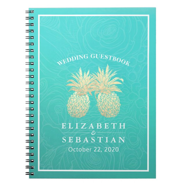 Wedding Guestbook Gold Pineapple Couple Teal Roses Notebook (Front)