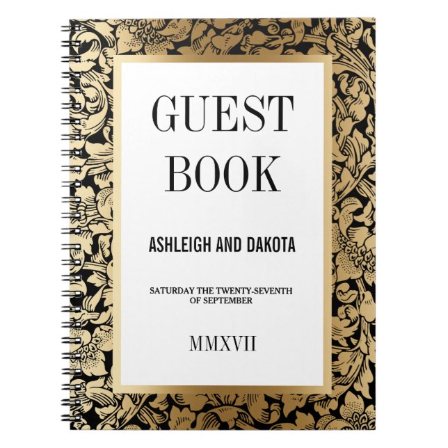 Wedding Guestbook | Golden Floral Damask on Black Notebook (Front)