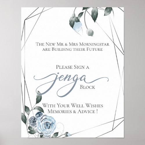 Wedding GuestBook Jenga Dusty Blue Floral Sign 2