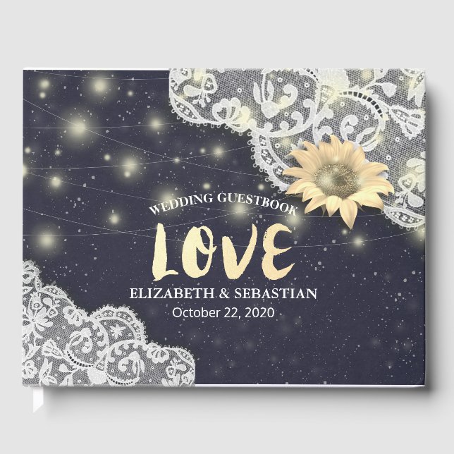 Wedding Guestbook Lace Sunflowers & String Lights (Front)