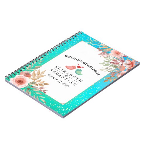 Wedding Guestbook Modern Pink Floral Teal Gold Dot Notebook