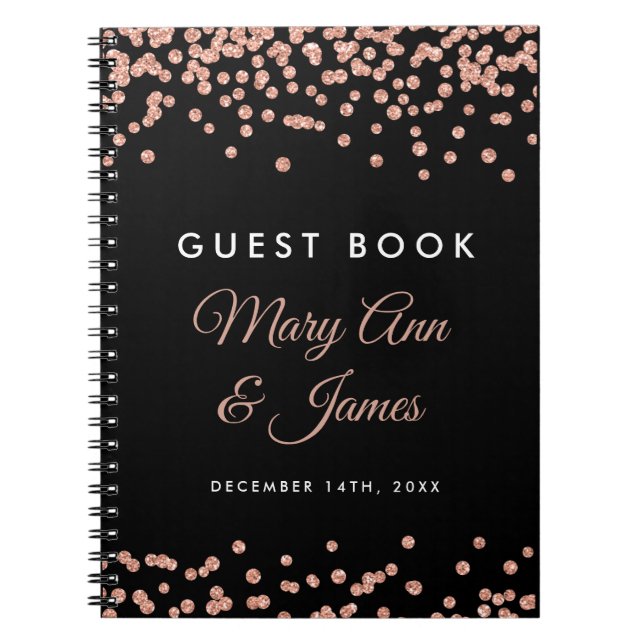 Wedding Guestbook Rose Gold Glitter Confetti Black Notebook (Front)