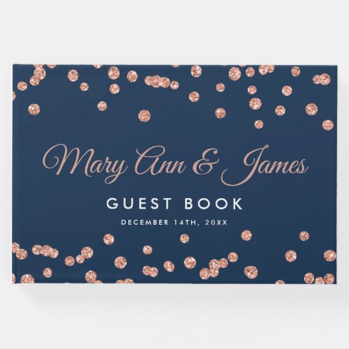 Wedding Guestbook Rose Gold Glitter Confetti Navy