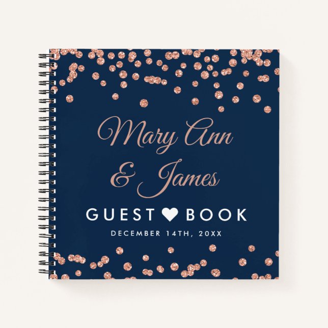 Wedding Guestbook Rose Gold Glitter Confetti Navy Notebook (Front)