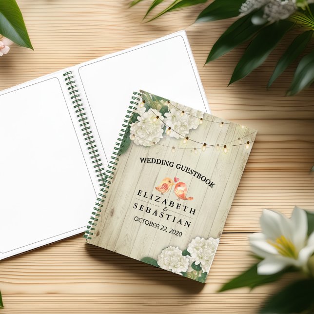 Wedding Guestbook Rustic Wood Floral String Lights Notebook (Creator Uploaded)