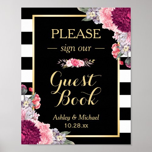 Wedding Guestbook Sign Burgundy Floral Stripes