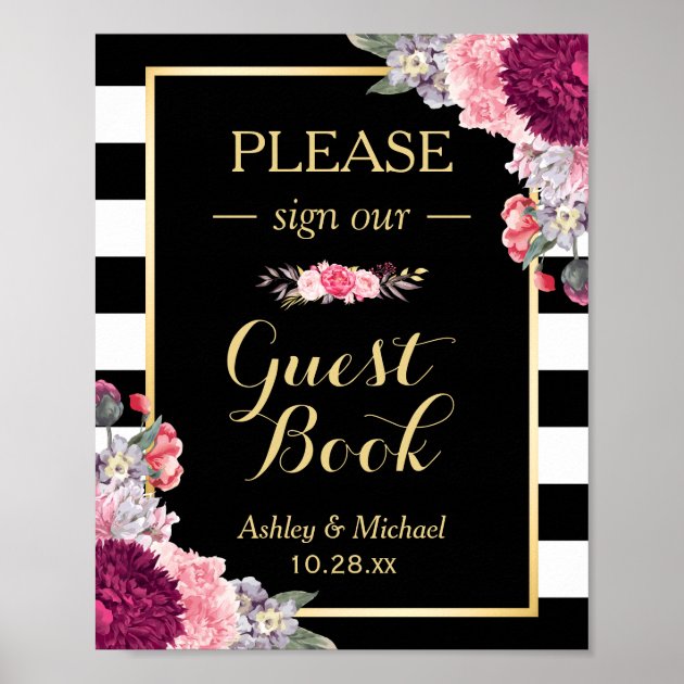Wedding Guestbook Sign Burgundy Floral Stripes