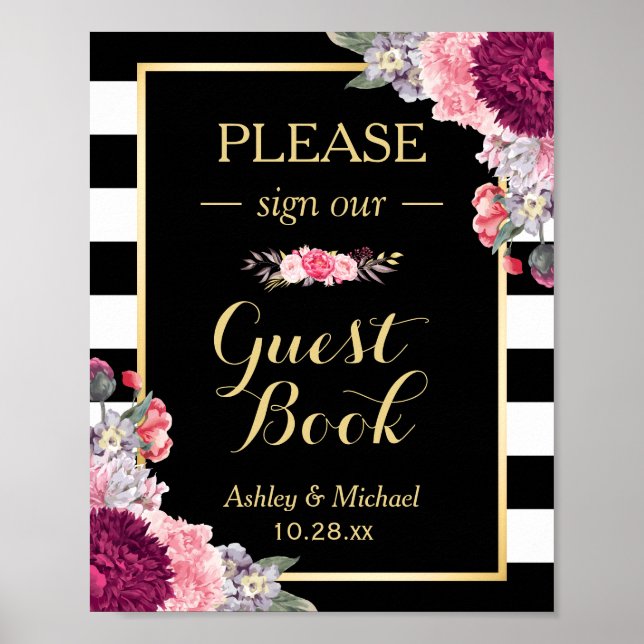 Wedding Guestbook Sign Burgundy Floral Stripes (Front)