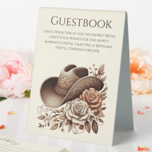 Wedding Guestbook Sign-Cowgirl Hat with Flowers Table Tent