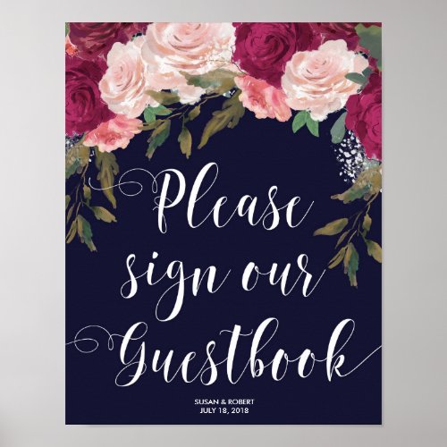 wedding guestbook sign navy pink floral