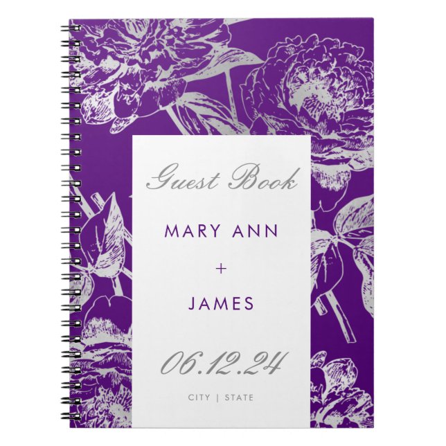 Wedding Guestbook Simple Floral Silver Purple Notebook (Front)