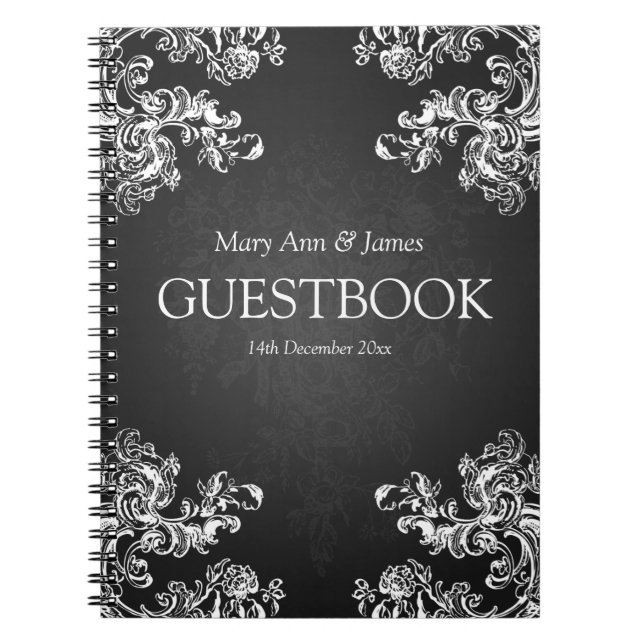 Wedding Guestbook Vintage Swirls 2 Black Notebook (Front)