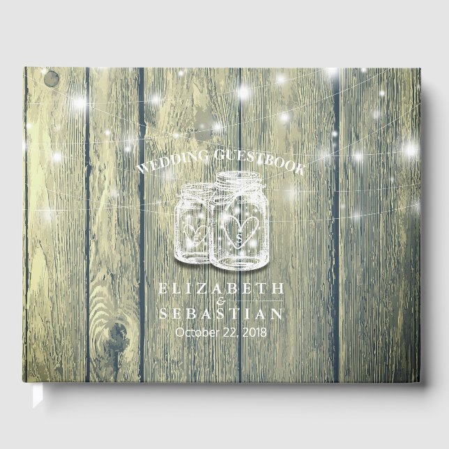 Wedding Guestbook Wood Chic Mason Jar String Light (Front)