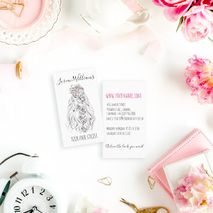 Wedding Hair Stylist Black White Wavy Hair Floral Business Card