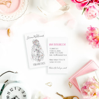 Wedding Hair Stylist Black White Wavy Hair Floral Business Card
