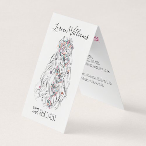 Wedding Hair Stylist Black White Wavy Hair Floral Business Card