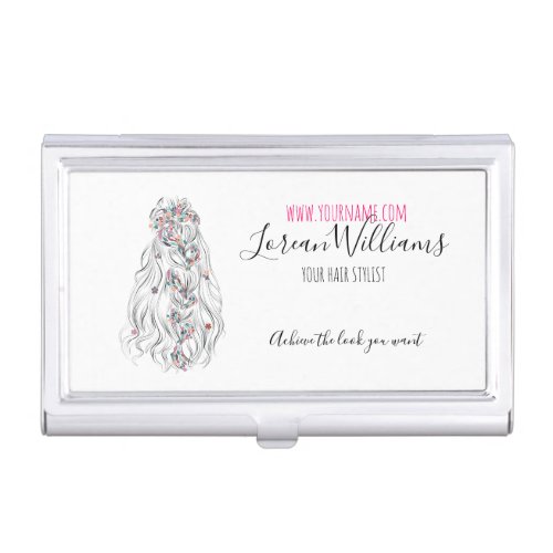 Wedding Hair Stylist Black White Wavy Hair Floral Business Card Case