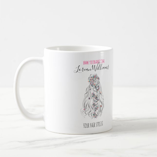 Wedding Hair Stylist Black White Wavy Hair Floral Coffee Mug (Left)