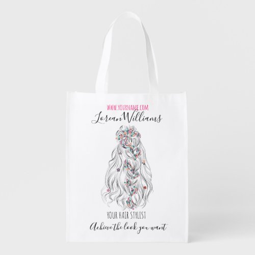 Wedding Hair Stylist Black White Wavy Hair Floral Grocery Bag