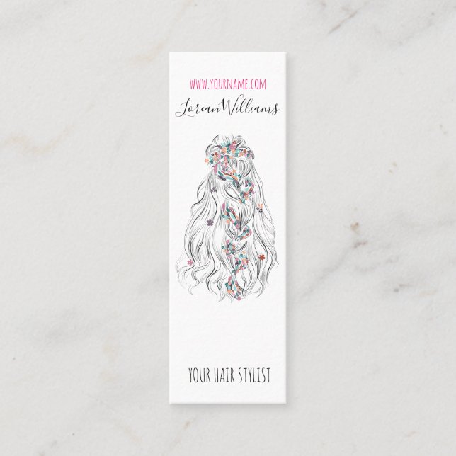 Wedding Hair Stylist Black White Wavy Hair Floral Mini Business Card (Front)
