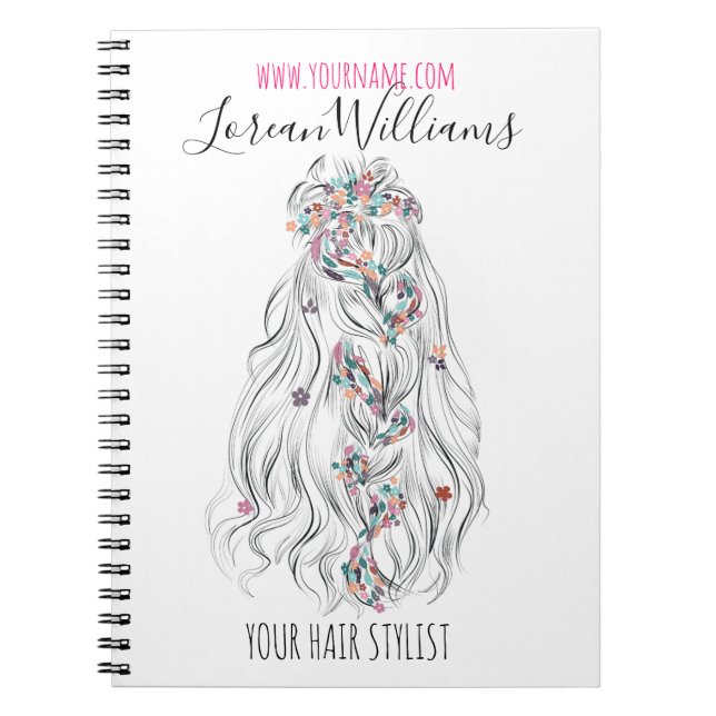 Wedding Hair Stylist Black White Wavy Hair Floral Notebook (Front)