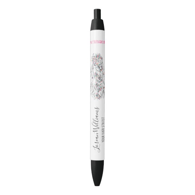 Wedding Hair Stylist Black White Wavy Hair Floral Pen (Front Vertical)