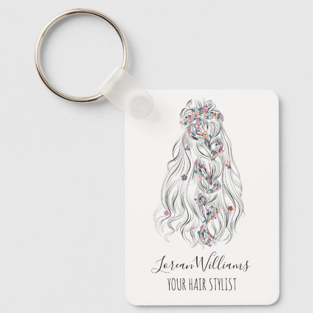 Wedding Hair Stylist Black White Wavy Hair QR Keychain (Front)