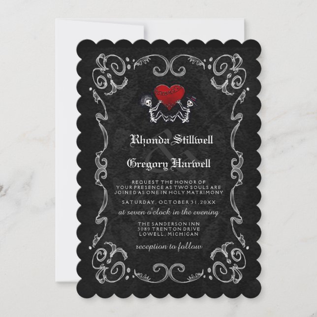 Wedding Halloween Skeletons & Heart Invitation (Front)